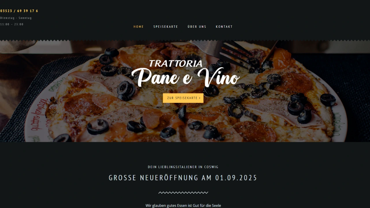 Website-Ausschnitt: Restaurant mit Speisekarte